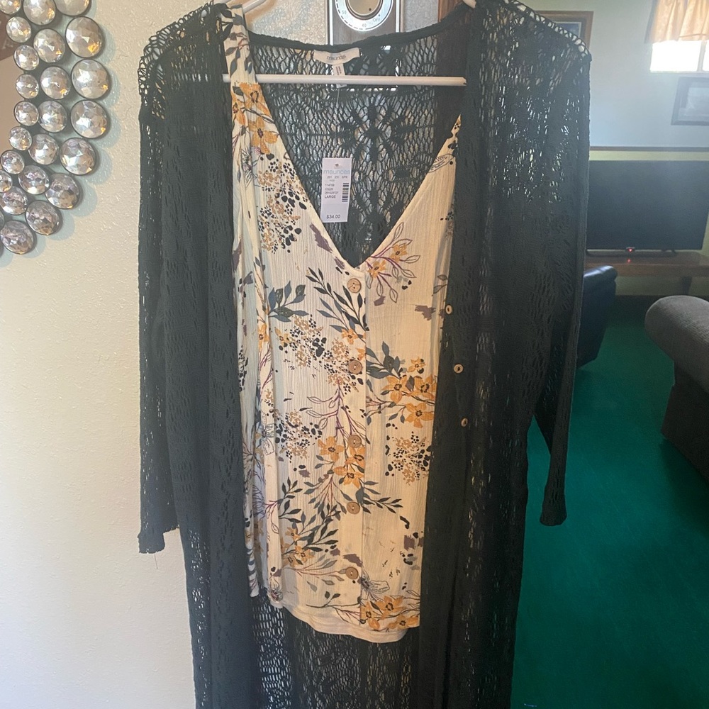 Green cardigan with flower tank top.